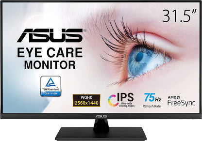 31.5” 2K Monitor (VP32AQ) - WQHD (2560 X 1440), IPS, 100% Srgb, HDR10, 75Hz, Speakers, Adaptive-Sync/Freesync, Low Blue Light, Eye Care, VESA Mountable, Frameless, Displayport, HDMI, Tilt,Black